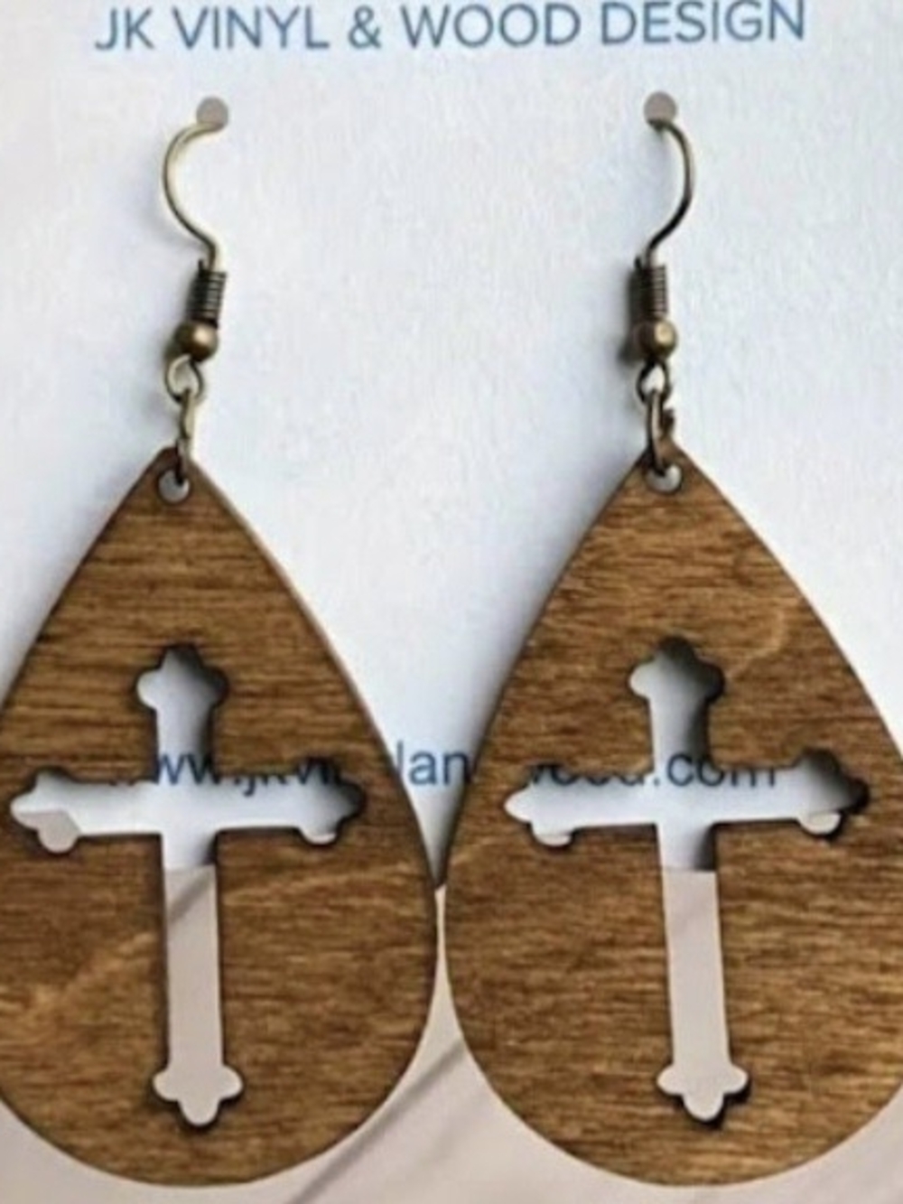 JK Designs Brown Wooden Teardrop Cross Earrings